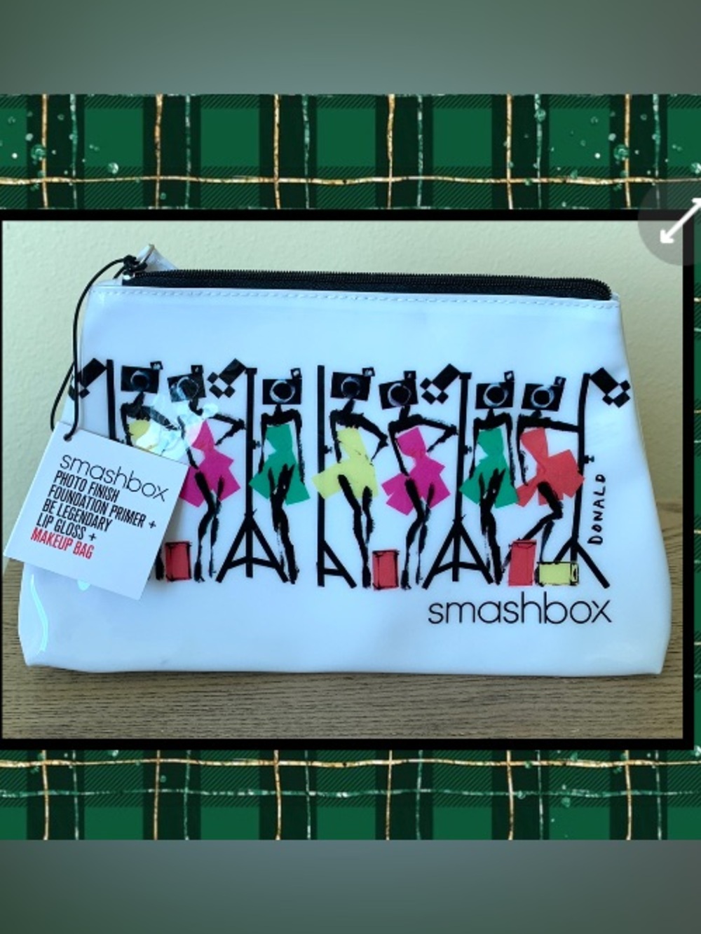 Smashbox White Cosmetic Pouch with Black Graphics and Colorful Accents